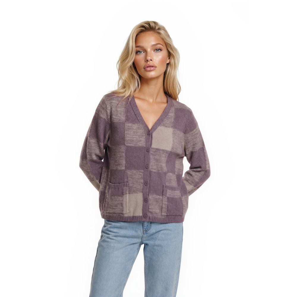 LOGO Lori Goldstein Sweater Women's Size Large Purple Checkerboard Knit Cardigan